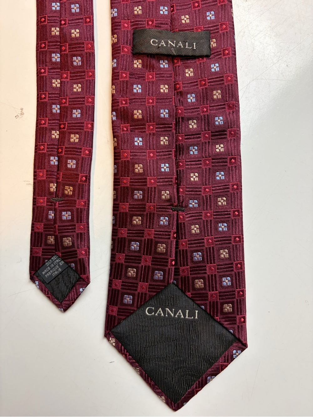 Canali Silk Tie Burgundy Geometric Square Pattern Made in Italy Necktie